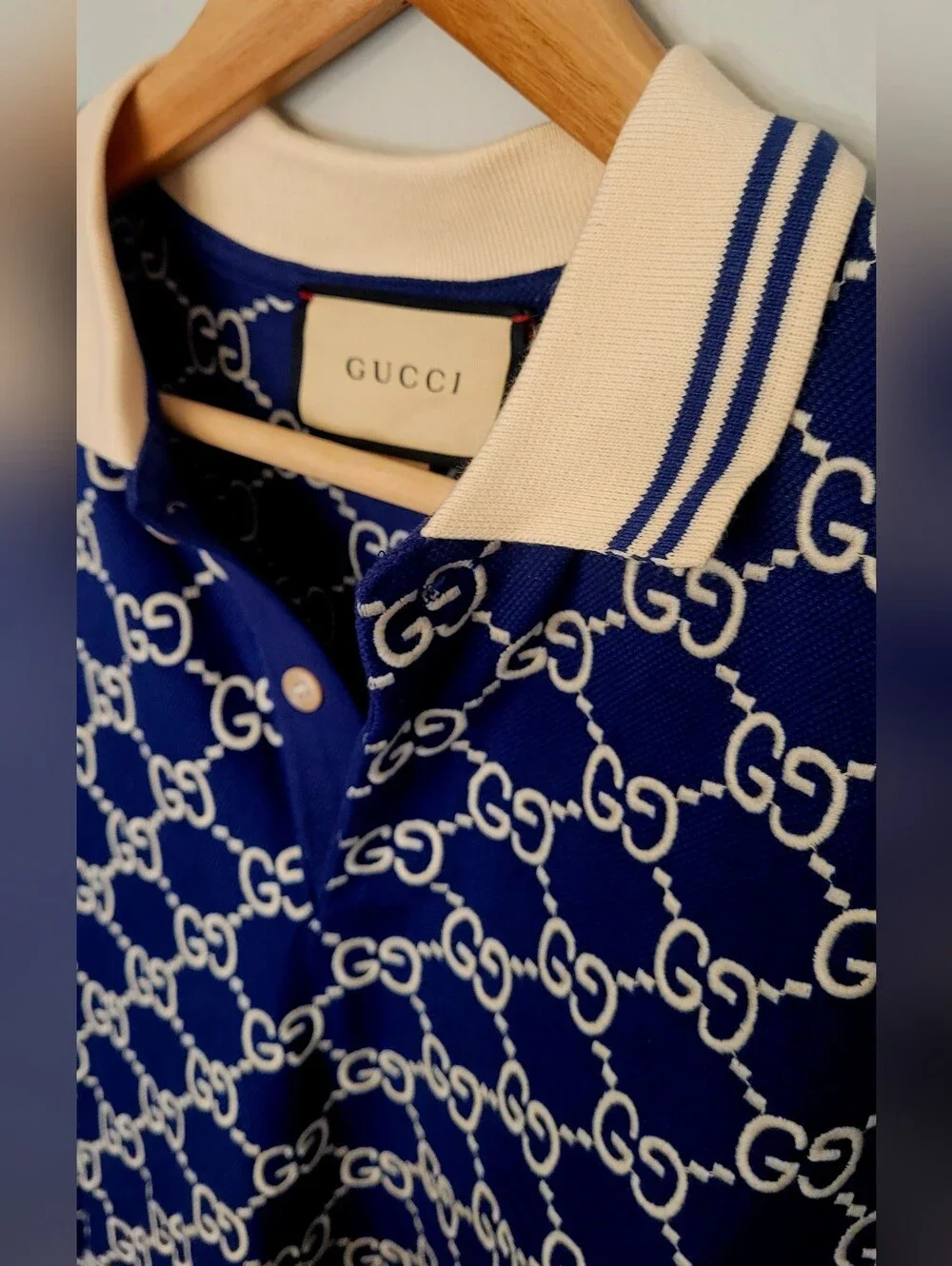🇮🇹 Gucci Navy Blue GG 👕Jacquard Polo with Cream Collar🇮🇹